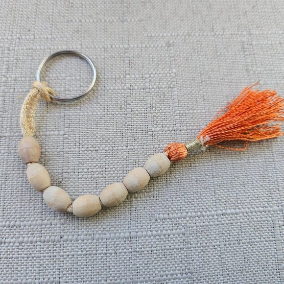 Keychain Real wood Beads Handmade 7 Beads Orange Tassel Keys Holder - Picture 6 of 11